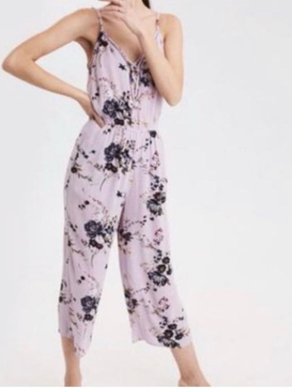 American Eagle Outfitters Lavender Floral Spaghetti-Strap Jumpsuit